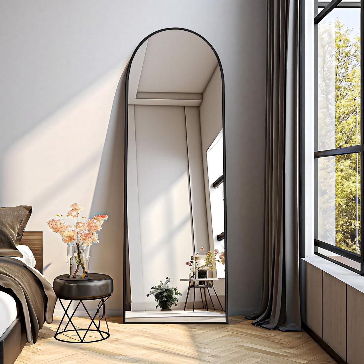 Boog full-body spiegel, 150 x 40 cm vloerspiegel met zwart frame, gewelfde staande spiegel, grote wandspiegel om te staan, leunen of hangen, vloerspiegel voor slaapkamer, woonkamer