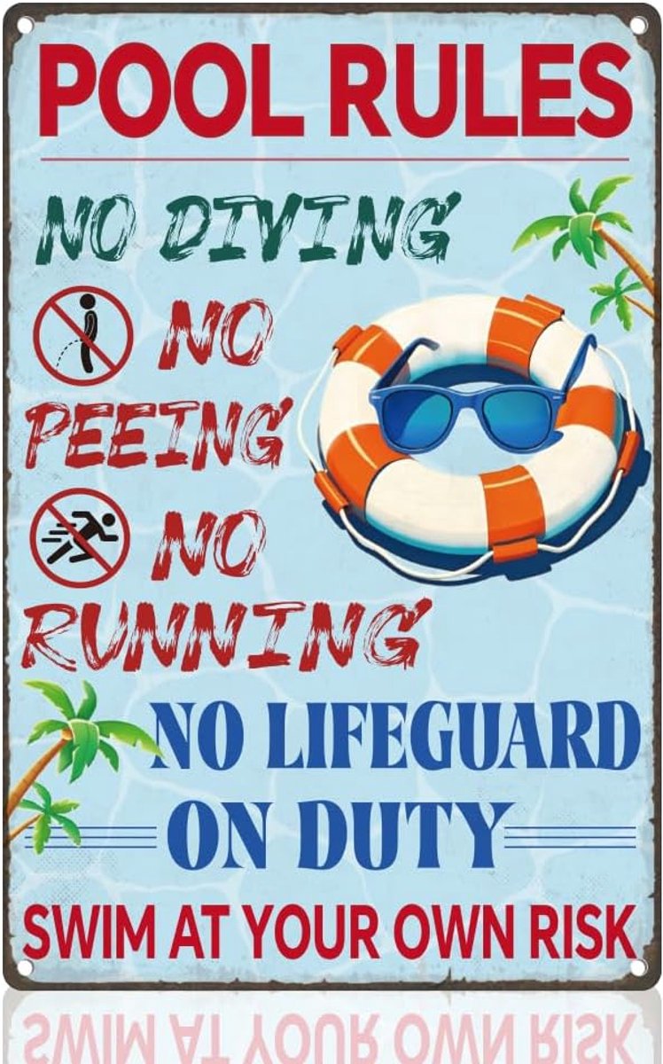 Tinnen Bord Met Zwembadregels Vintage Wanddecoratie Zwemmen Op Eigen Gevaar" Muurkunst Poster Strand Thuis Zwembad Waterpark Kantoor Club Buitendecoratie