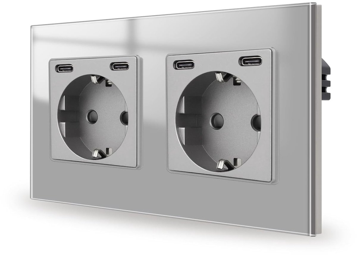 stopcontact grijs met USB C 20W, 2 compartimenten, snel opgeladen stopcontacten, verzonken, twee Type-C-poorten, 16 ampère, 250 V