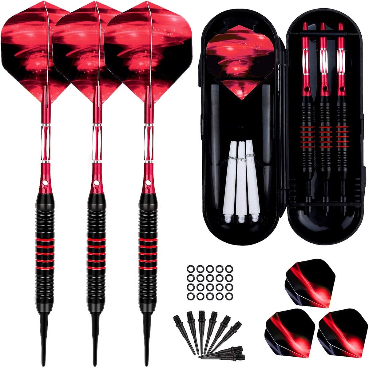 Dartpijlen met kunststof punt voor elektronisch dartbord, 3 stuks soft dartpijlen, 18 gram, professionele softdarts dartpijl en extra schacht, dartpunten, anti-losse rubberen ringen