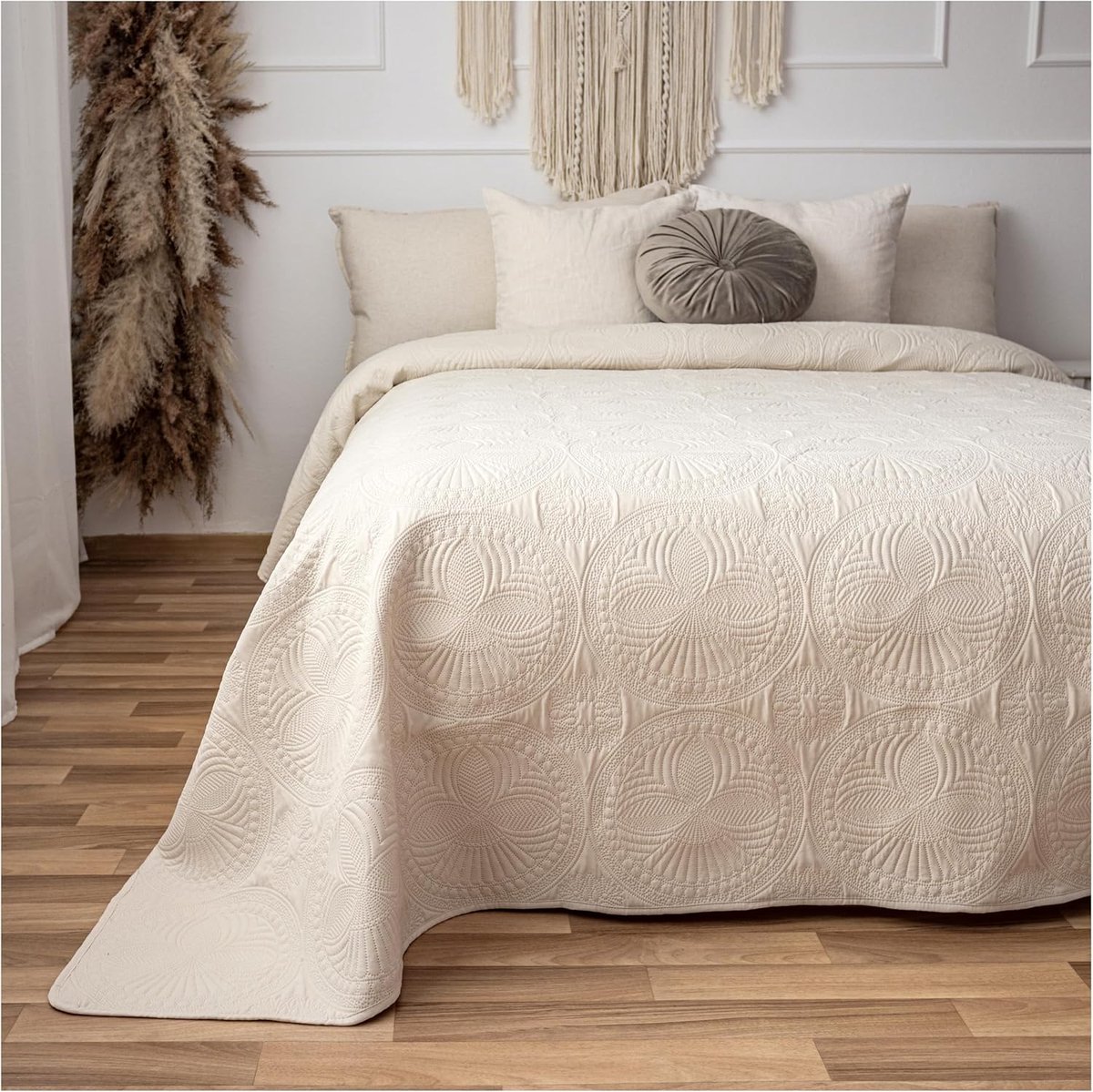 Sprei van 170 x 220 cm, bedsprei, sprei, mandala, bankovertrek, quilt, bankdeken, dagdeken, bedhoes, XXL, gewatteerd, crème