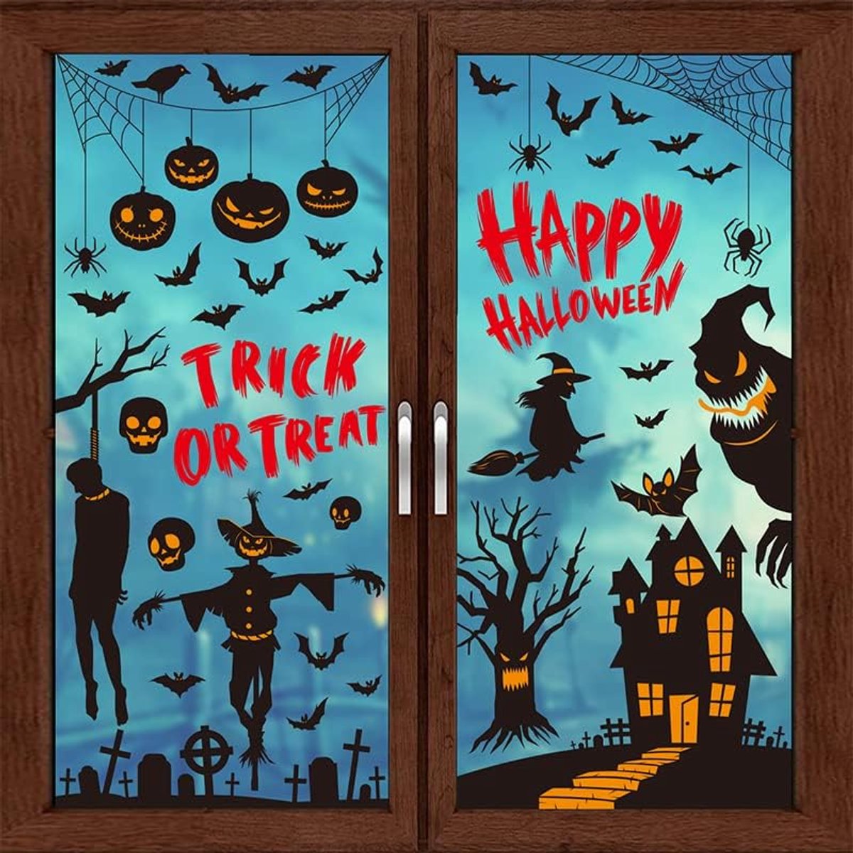 Raamstickers, herbruikbaar, met 87 griezelmotieven, pompoen, spinnenweb, vleermuis, skelet, geesten, raamafbeeldingen voor Halloweenfeest, kinderkamer, raamdecoratie