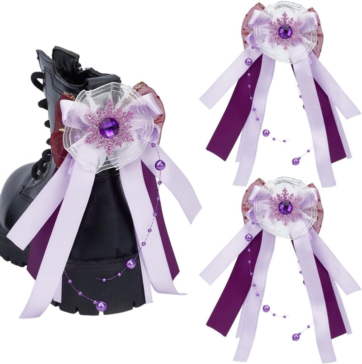 1 doos met 4 paarse stoffen strikken schoengespen hangers kralen satijnen strikken parelkettingen gespen schoen versiering ornament clip hangers voor damesrugzakken handtassen
