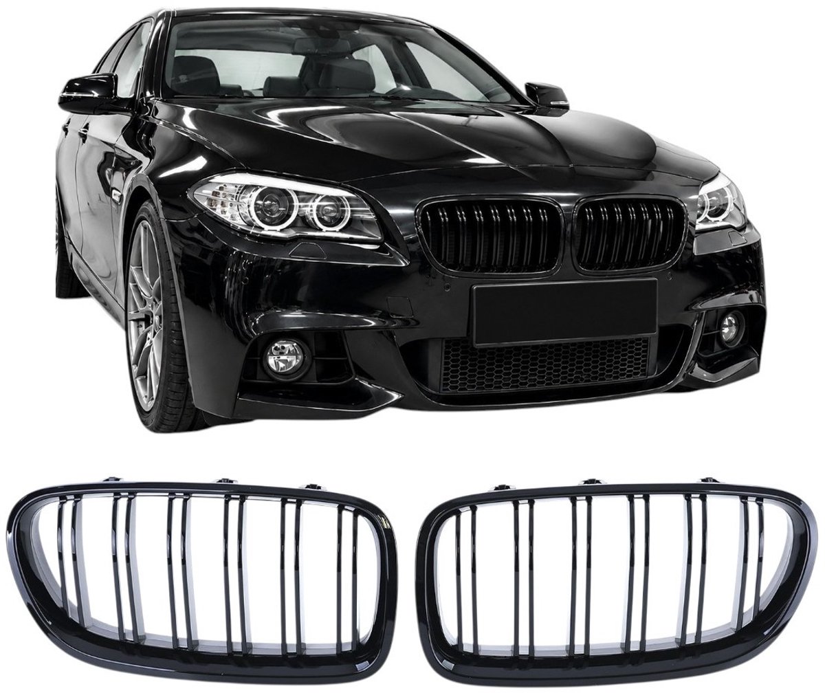 Nierengrille Geschikt voor BMW 5 Serie F10 Sedan & F11 Touring 2010-2017 – Dubbele Spijlen – Hoogglans Zwart – Set van 2
