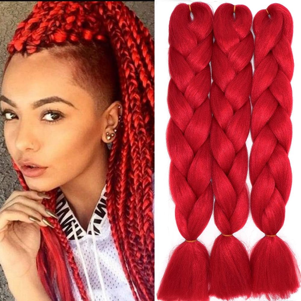 60cm vlechten extensions jumbo vlechten kunsthaar 3 bundels synthetisch crochet hair vlechtenhaar afro box braiding (rood)