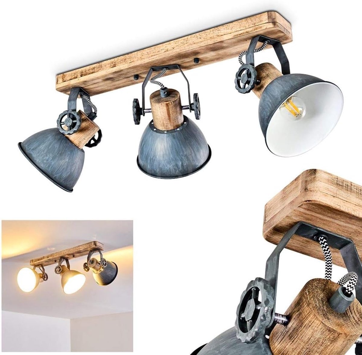 plafondlamp, 3 vlammen, met verstelbare spots, metalen/houten plafondlamp in grijs/wit/bruin, 3 x E27 fitting, retro/vintage design spot, gloeilampen niet inbegrepen