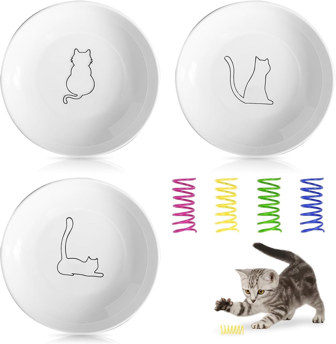 Set van 3 keramische kattenbakken met 4 speelgoed, voederbak voor katten, kom voor kattenvoer, zwaar en kantelbestendig, keramische voerbak kat