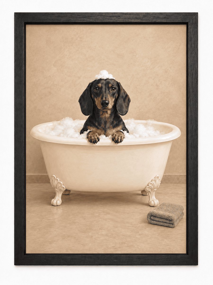 Teckel Poster | Teckel in Bad met Schuim | Inclusief Zwarte A4 Lijst
