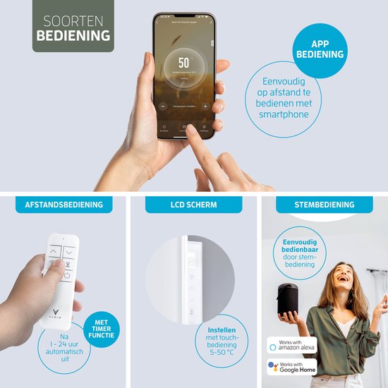 Bediening via app op smartphone, afstandsbediening met timer, LCD scherm met touch bediening (5-50°C), en stembediening met Alexa of Google Home.
