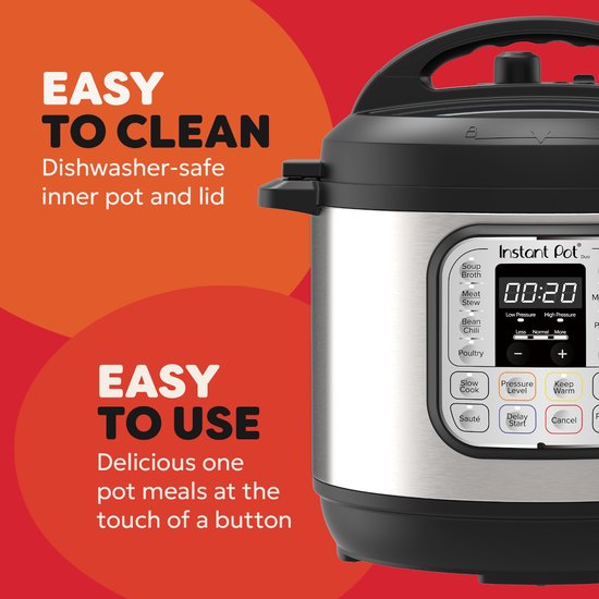 Instant Pot Duo met tekst: eenvoudig schoon te maken, vaatwasserbestendige binnenpan en deksel, gebruiksvriendelijk.