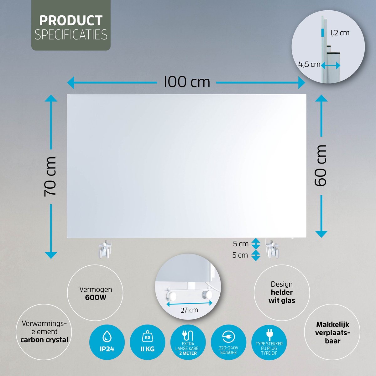 Varin® Smart Design Infrarood verwarmingspaneel - 600W - 100x60cm - Helder wit glas - IP24 - Met thermostaat - Wandmontage of verrijdbaar - Elektrische verwarming - Infrarood paneel verplaatsbaar - Kachel - Heater bureau - Terrasverwarmer - Tuya Wifi – foto 4