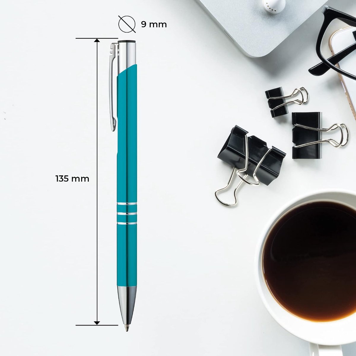 balpen, 50 stuks, premium balpenset, hoogwaardig, pen voor makkelijk en zacht schrijven, blauwschrijvende balpen, turquoise als optische blikvanger