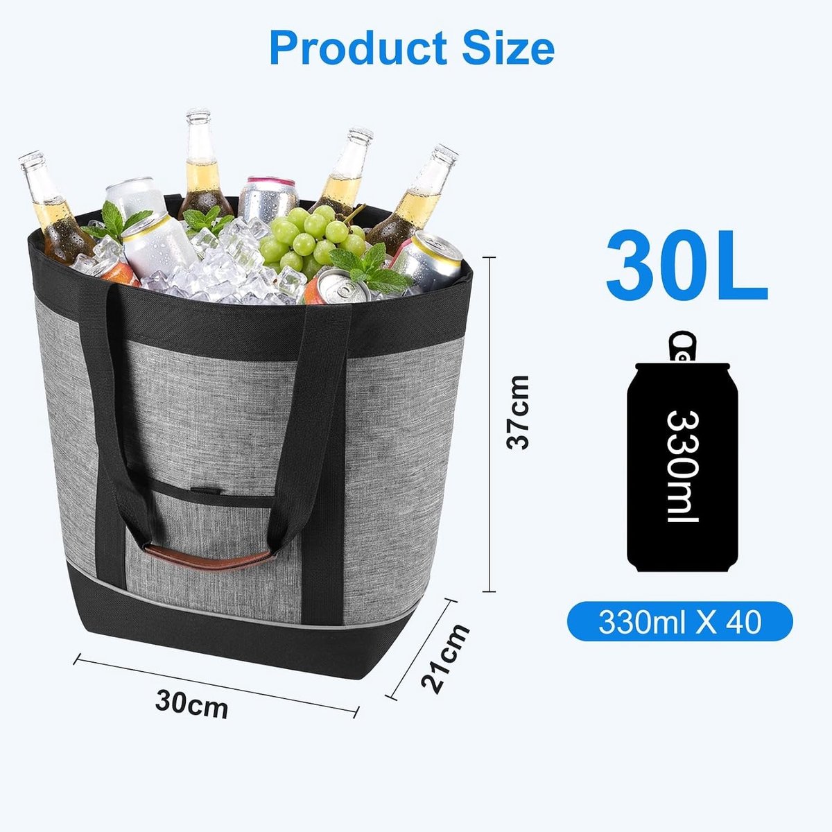 Grote Geïsoleerde Koeltas van 30L, Lekvrij en Waterdicht, Vouwbare Picknicktas met 8 Uur Isolatie, Perfect voor Boodschappen en Uitjes