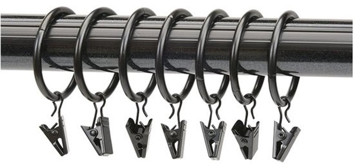 Set van 10 Gordijnringen met Clips en Haken - Zwarte Draperie Clips voor Gordijnroedes (Ø 63mm)