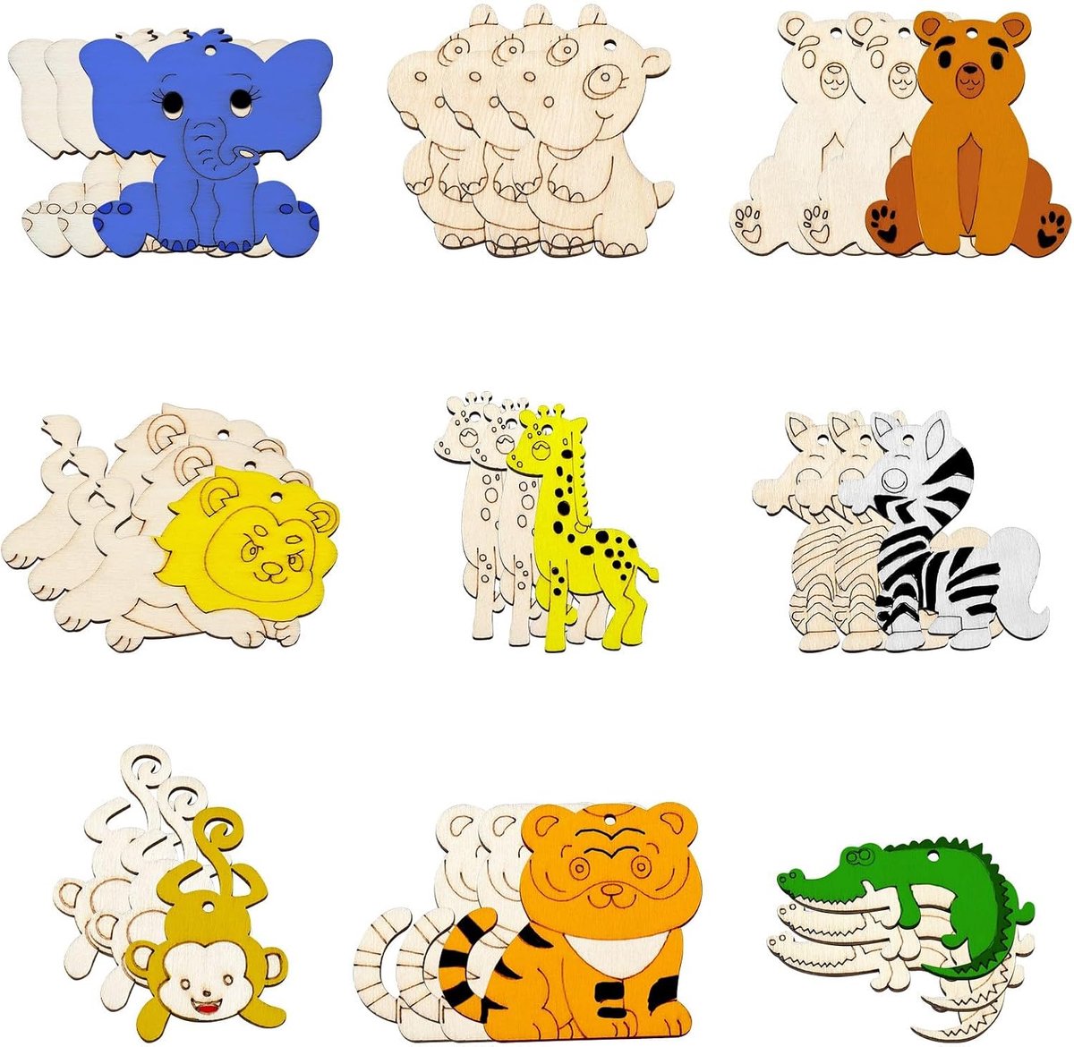 Onafgewerkte houten uitsparingen tijger leeuw aap olifant zebra kangoeroe krokodillen beer nijlpaard vorm houten verf ambachten hangers voor woondecoratie ornament