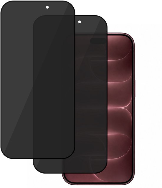 Twee privacy screenprotectors van gehard glas naast een roze telefoon.