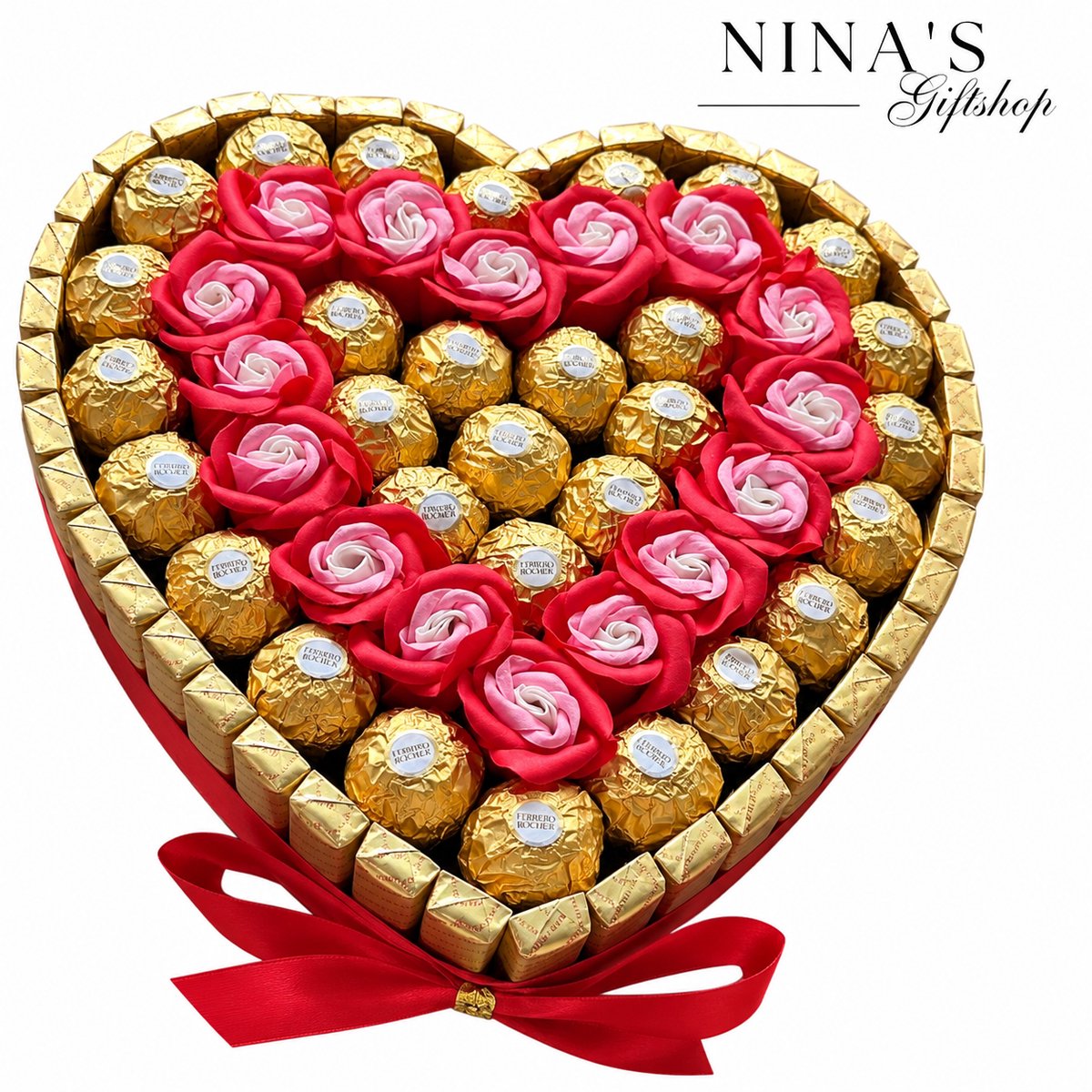 Nina’s Giftshop® Chocolade Hart – Ferrero Rocher & Merci – Rode Zeeprozen – Handgemaakt Cadeau voor Haar & Vrouw