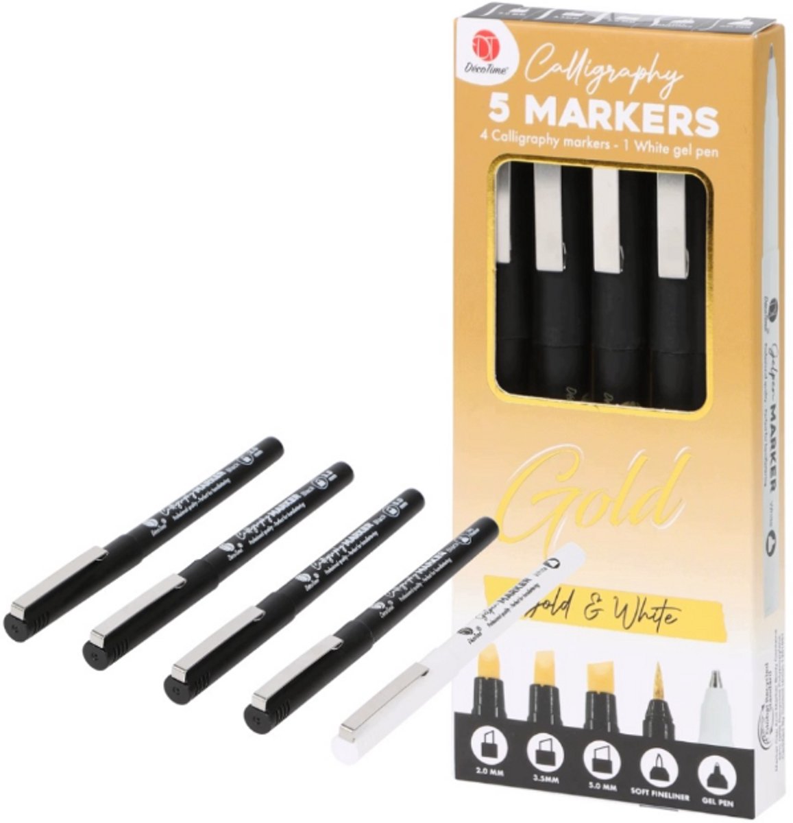 Decotime - 4 kalligrafeer markers goud + 1 gelpen wit - kalligrafie pennen stiften - kalligafeerstiften gold