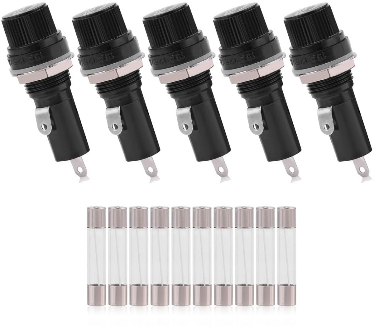 Zekering deurcontactdoos, stopcontact voor zekeringhouder op het elektrische paneel, voor glaszekeringen, AC 125V 15A 250V 10A, elektrische terminal, vergrendeling, beugel motor auto's, 5 stuks