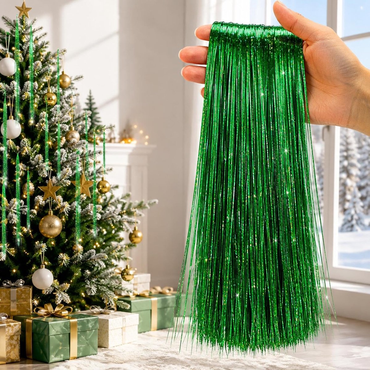 Lametta voor Kerstmis, 5000 stuks, lametta-draden voor dennenboom, glanzende kerstboomdraden, kerstdecoratie, slinger, kerstboomversiering, voor festivals, feesten en podiums (groen)