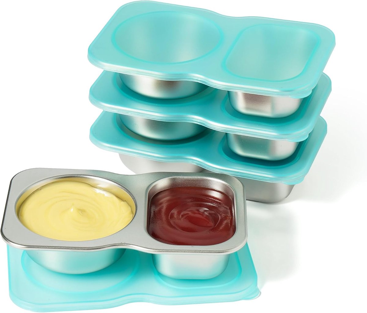 2 stuks dubbele compartimenten snackcontainers met deksels, herbruikbare specerijencontainers, dipsaus potten, kleine voedselcontainer voor kantoor, school, reizen (4, blauw, klein)