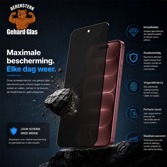 Privacy screenprotector van gehard glas op een roze telefoon, die bescherming biedt tegen krassen en vingerafdrukken.