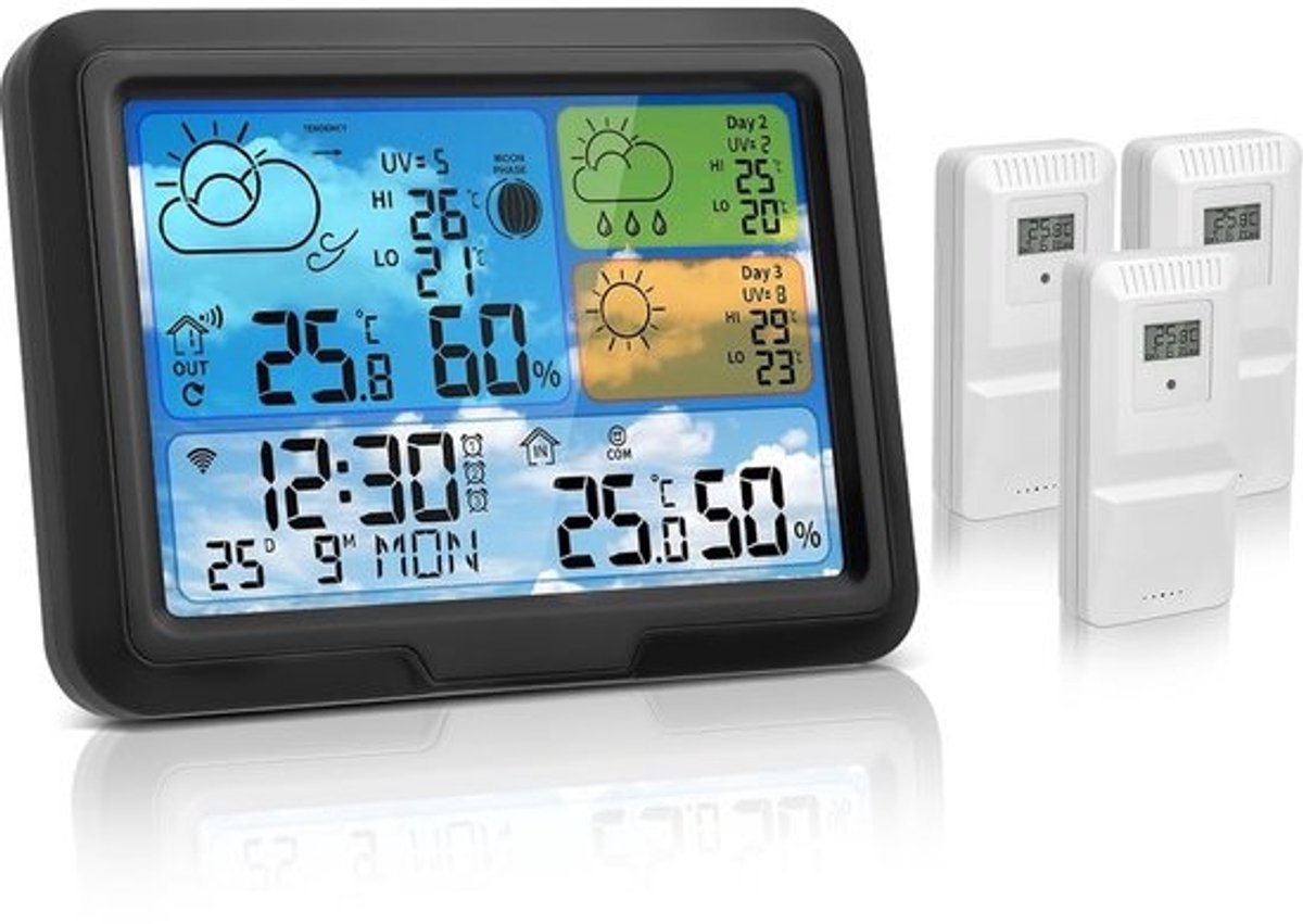 Weerstation met Sensor - Digitale Weerindicator - Binnen Buiten Meten - 3 Buiten Sensoren - 3 Dag Prognose - Zwart