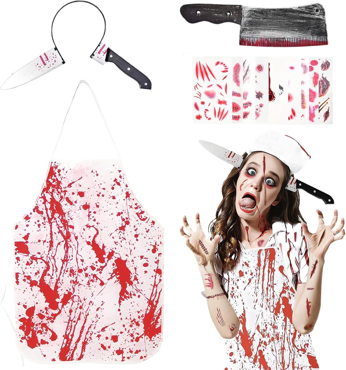 Halloween, slagerschort met mes + haaraccessoires mesvorm + littekentattoo, geschikt voor feestdagenthemafeesten, rollenspellen, podiumoptredens