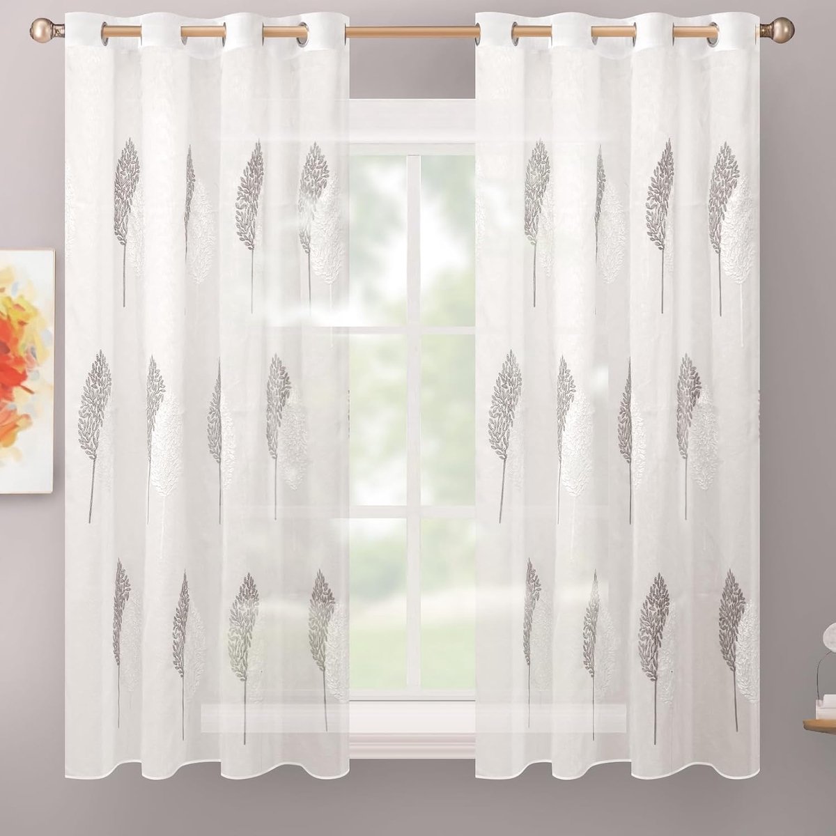 Lifestyle Gordijn met oogjes, 140x145 cm, halftransparant, bladpatroon in grijs, set van 2, wit