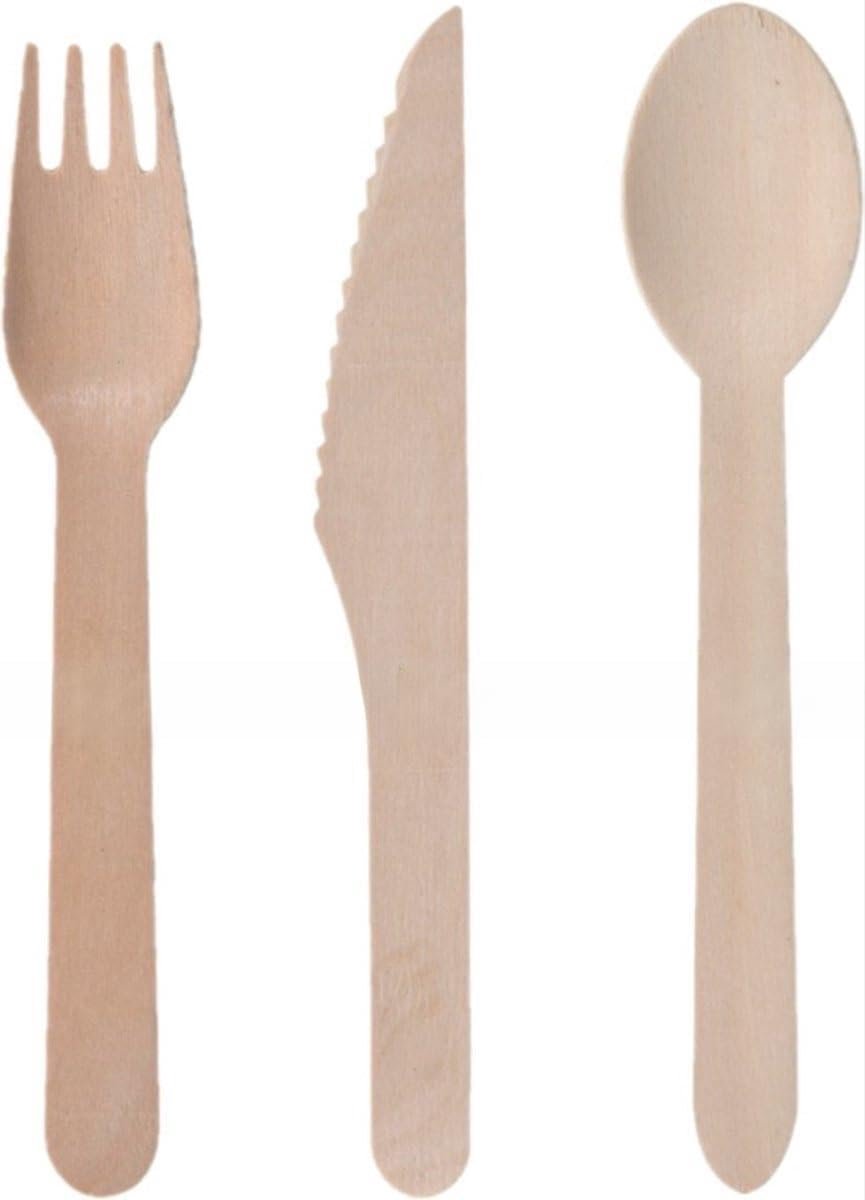 Bestek - Houten bestek - Messen -Vorken - Lepels - 16cm - Feestbestek - BBQ bestek - 20 sets - Wegwerplepel - Cutlery - Bestekset