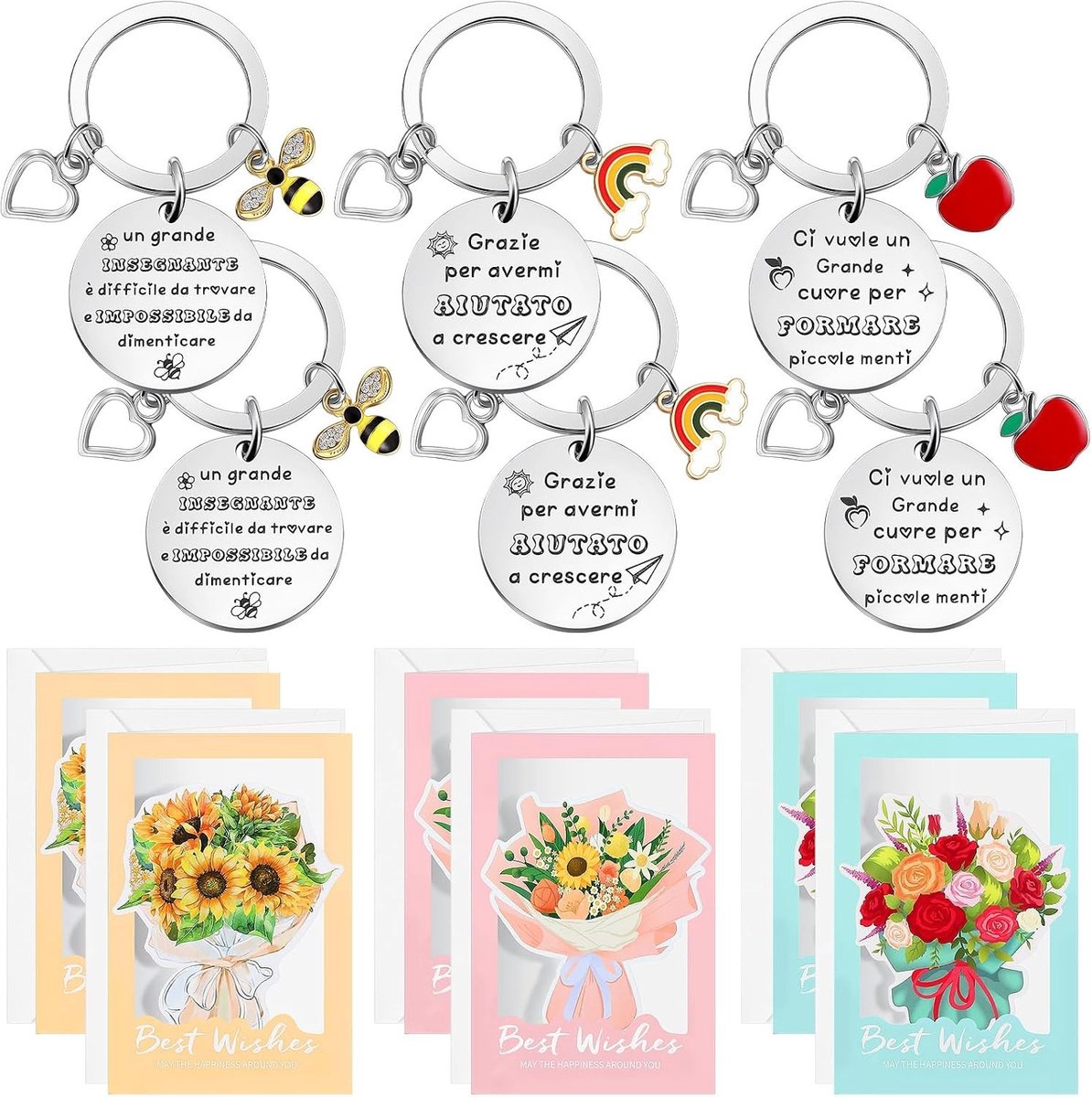 6 Cadeausets voor Leraren met Sleutelhangers, Bloemkaarten en Enveloppen voor Kerst en Afsluiting van het Schooljaar