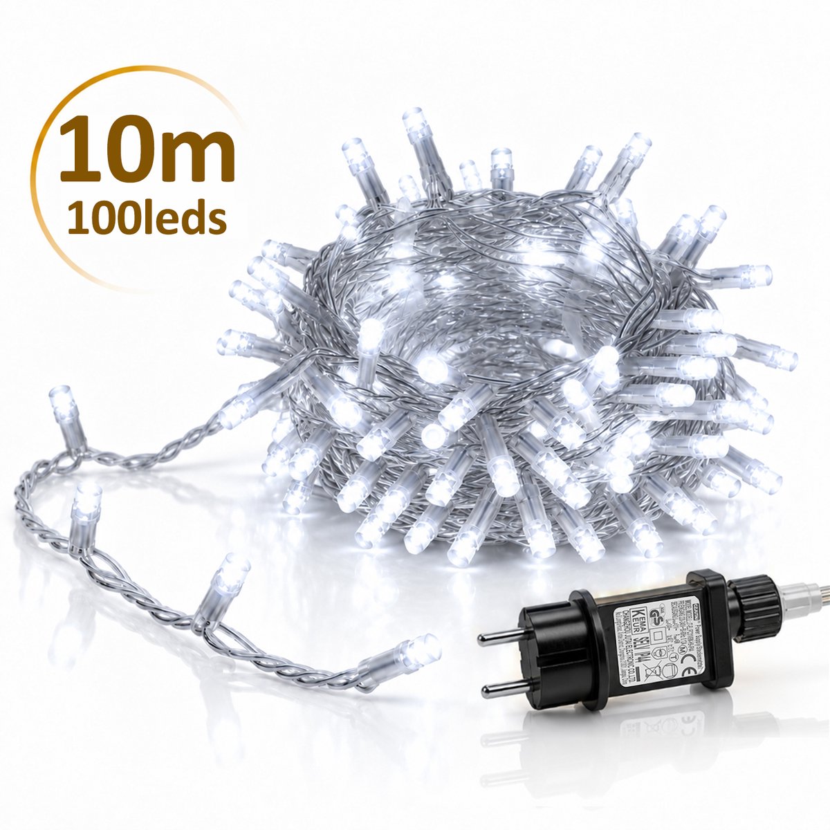 Lapamax LED Lichtsnoer - Kerstverlichting 10 m 100 LEDs Wit - Zonder Tail Plug - 31 V Laagspanning met Timer, Geheugen en 8 Lichtstanden - Kerstboomverlichting met Adapter en 3 m Aanloopsnoer