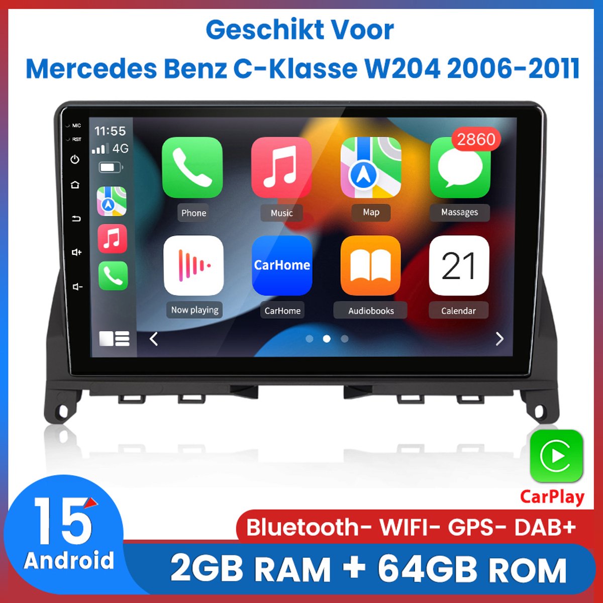 Awesafe Autoradio - Geschikt Voor Mercedes Benz C-Klasse W204 2006 t/m 2011- Draadloos Apple Carplay & Android Auto - Android 15.0 Systeem - Ram 2GB + Rom 64GB - GPS Navigatie Bluetooth WIFI SWC - 2006 2007 2008 2009 2010 2011