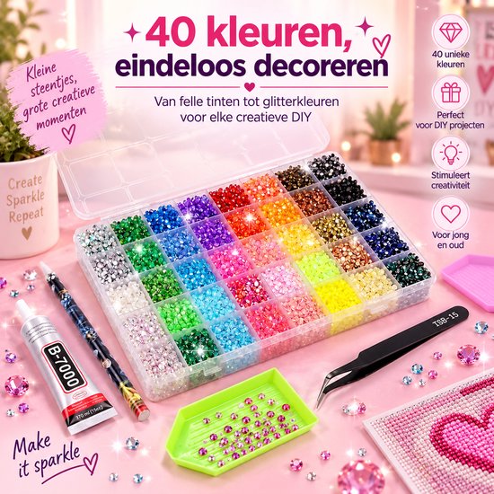 Kleine steentjes, grote creatieve momenten. 40 kleuren strass steentjes in een opbergdoos, met lijm en een pen.