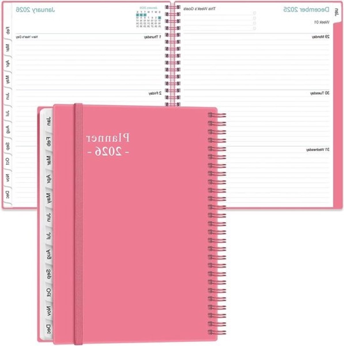 2026 Planner - Agenda 2026 - Dagelijkse Organisatie - Maandelijkse Tabs - 21.5 x 28.9 cm - Roze
