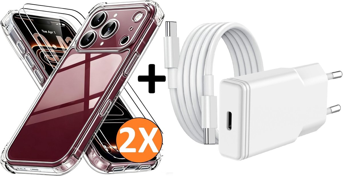 USB C Adapter 20W - USB C Snellader Met 1M USB C Kabel - Hoesje Geschikt voor iPhone 18 Pro Max transparant Anti Shock silicone hoesje met 2x screenprotector- Ntech COMBI-SET