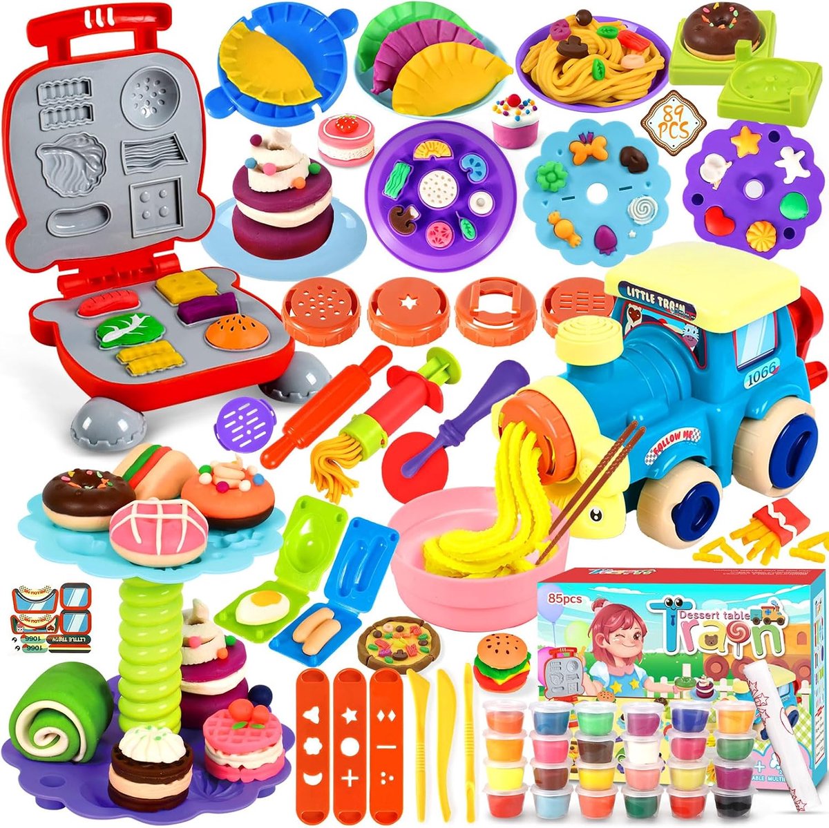 85-delige kindermodelleertaart met 24 potten, hamburger en pizza-accessoires, creatieve modelleergereedschappen, modelleeraccessoires, deegmodelleren, modelleren, modelleertaart