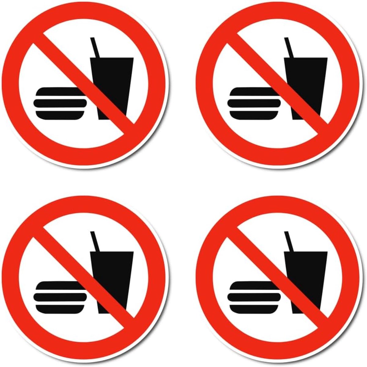 Eten en drinken verboden, Verbodstekenen: P022 - DIN EN ISO 7010 / ASR A1.3 - Sticker: Ø 7,5 cm, 4 stuks
