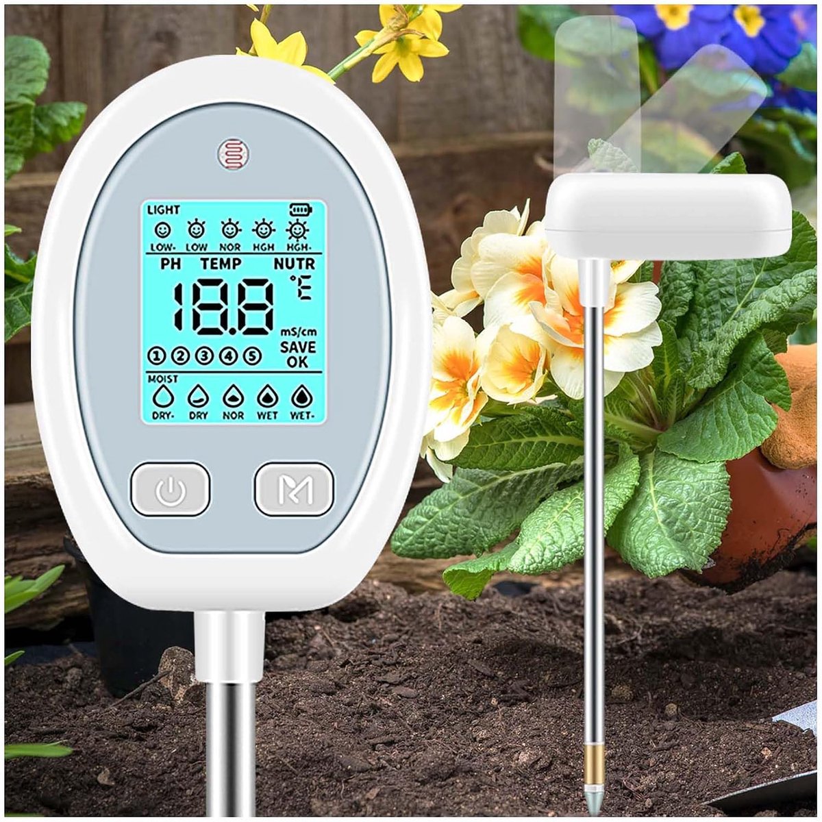 Bodemvochtigheidsmeter, 5-in-1 bodemmeter voor temperatuur, pH-waarde, vocht, voedingsstoffen, zonlicht voor verzorging, bloempotplanten, tuin, boerderij, gazon