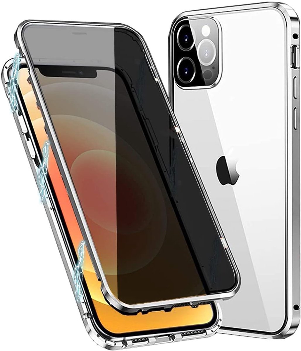Magnetic Adsorption Case for iPhone 12 Mini Cover Metal Bumper Privacy Magnetic Case Double Sided Anti Spy Tempered Glass 360 Degrees Full Screen Protection Case Flip Privacy Cover,Silver
