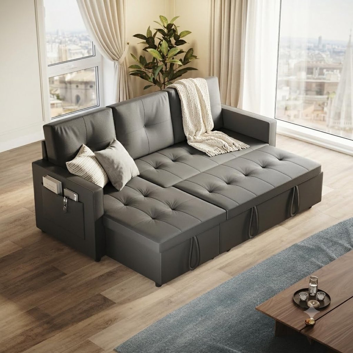 3-zits, 203 cm hoekbank, slaapbank met zijvakken, 186 × 110 cm ligvlak, inklapbare L-vormige bank voor woonkamer/slaapkamer/kantoor, moderne gestoffeerde bank in donkergrijs