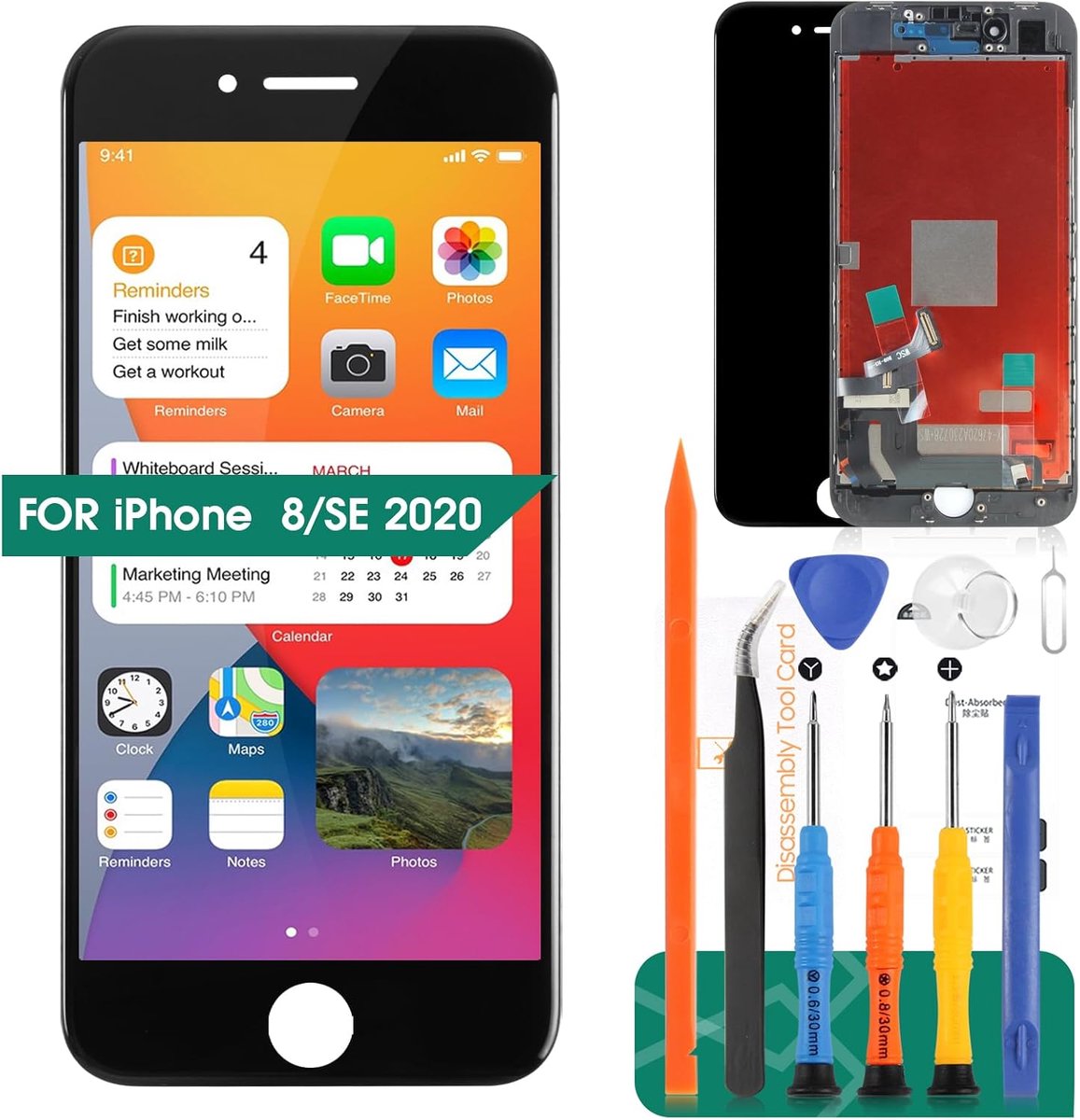 iPhone 8 Lcd scherm Vervanging Digitizer Glas Montage Kits, Gratis gehard film, lijm en gereedschap (zwart)