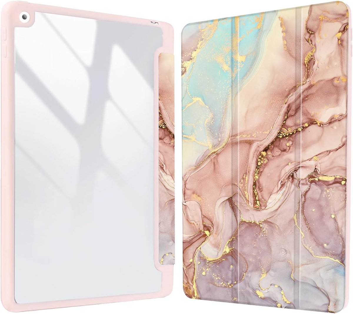 10,2 inch roze marmeren hoes voor iPad 9e/8e/7e generatie met transparante achterkant, potloodhouder en Auto Sleep Wake
