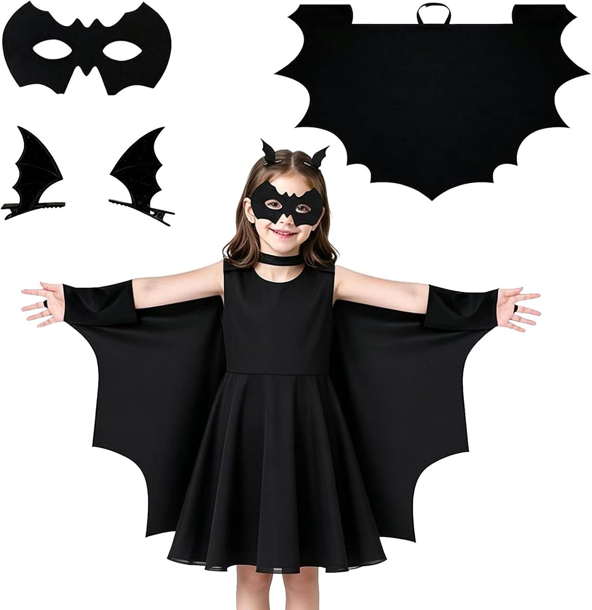 Vleermuis verkleedset — inclusief vleermuiscape, masker en haarspeld, geschikt voor Halloween, carnaval en themafeesten