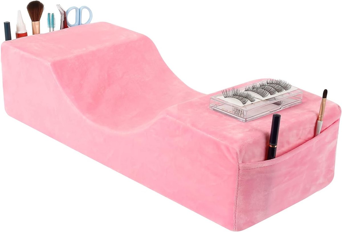 nekkussen voor wimperverlenging, van traagschuim voor ondersteuning tijdens het slapen, kussen voor wimperimplantatie in schoonheidssalons, afneembaar roze fluwelen nekkussen