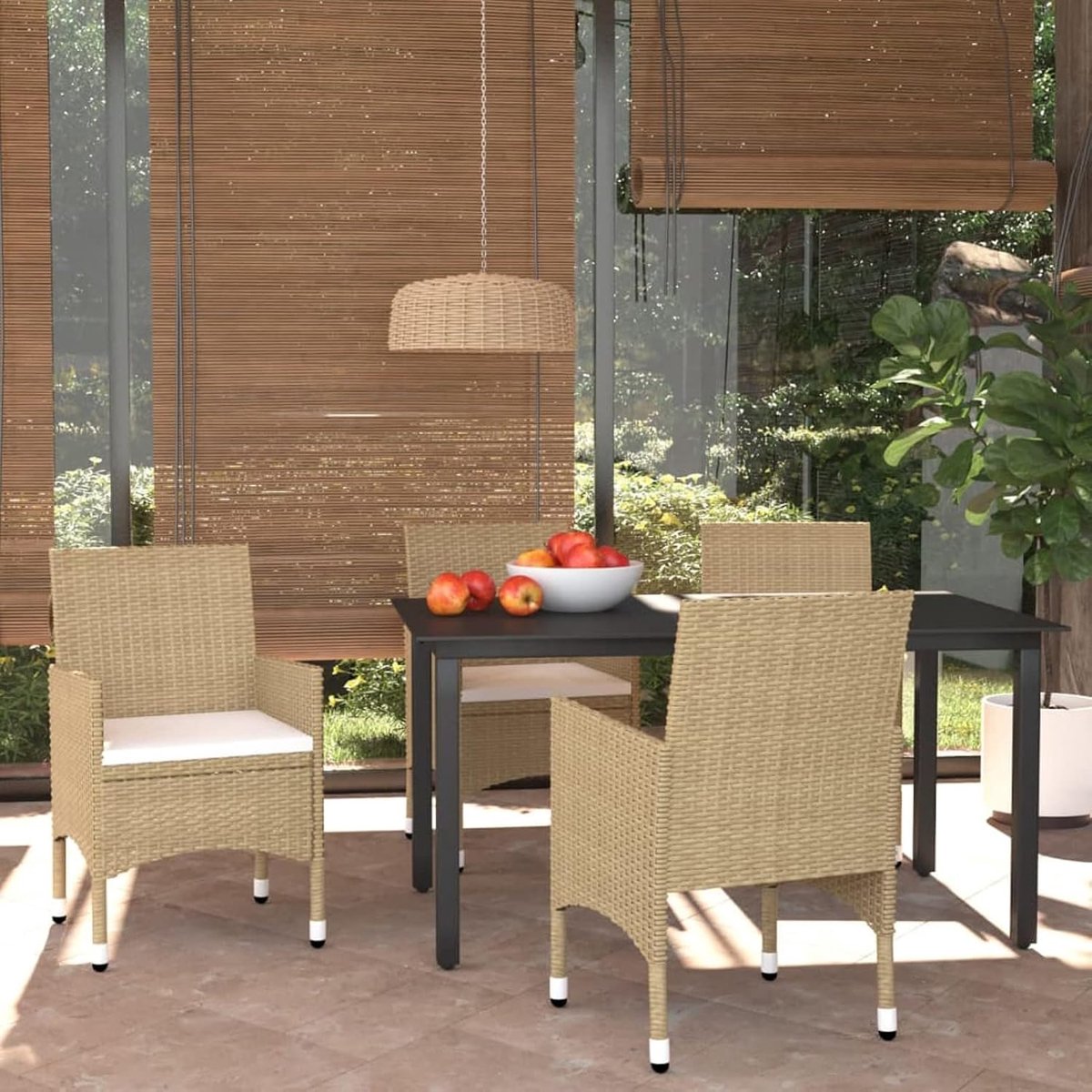 Set van 5 glazen tafels en 4 stoelen, voor de tuin, buiten, van polyrotan, beige, glas, zwart, tafel- en tuinmeubelset voor buiten, terras, tuinmeubelen, outdoor, balkon