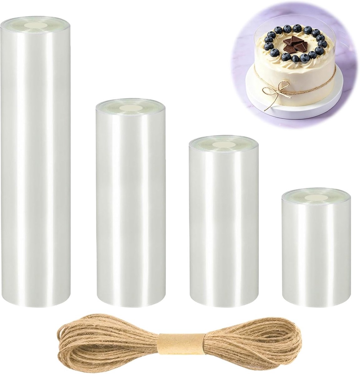 Folie, stabiel, herbruikbaar, 4 rollen, acetaatfolie, transparant, 6 cm/8 cm/10 cm/15 cm hoog x 10 m, taartring, plastic voor doe-het-zelf cake, chocolade, mousse, cake