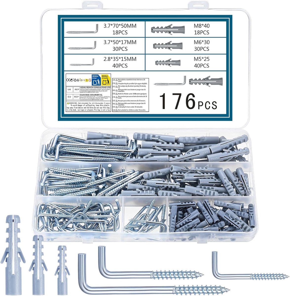 Haken met pluggen schroevenset, fotohaken om te schroeven, pluggenset, schroefhaken, rechte wandhaken, schroefhaken, rechthoekige metalen haken voor thuis en kantoor, 88 haken, 88