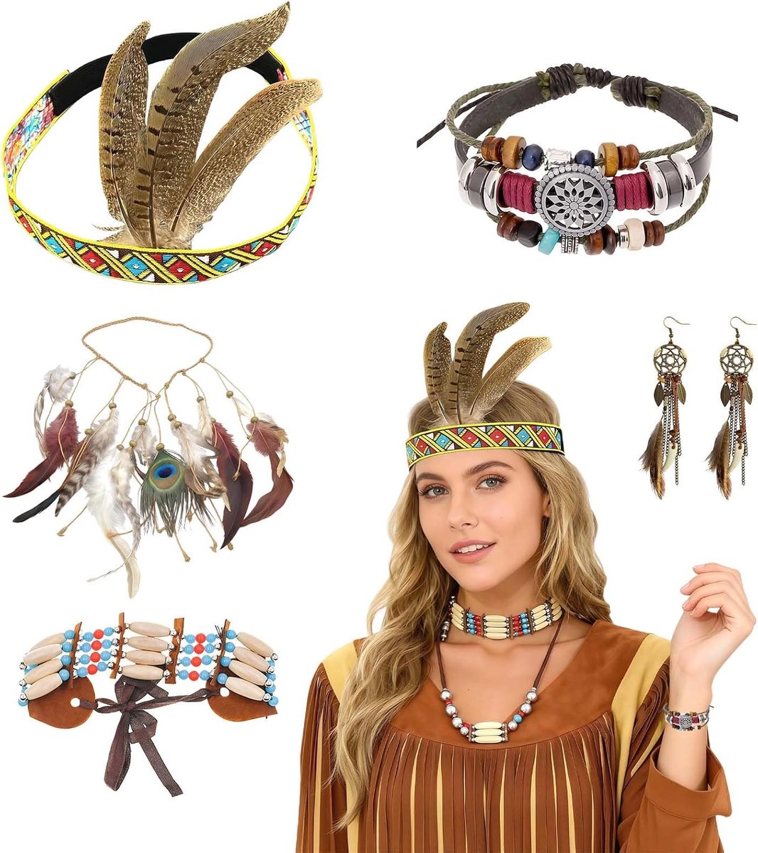 Indianenkostuum voor dames, accessoireset, 5-delig, met Indianen, hoofdtooi, veer, hoofdband, oorbellen, halsketting, armband, voor carnaval, carnavalskostuums, vrouw en carnavalskostuum dames