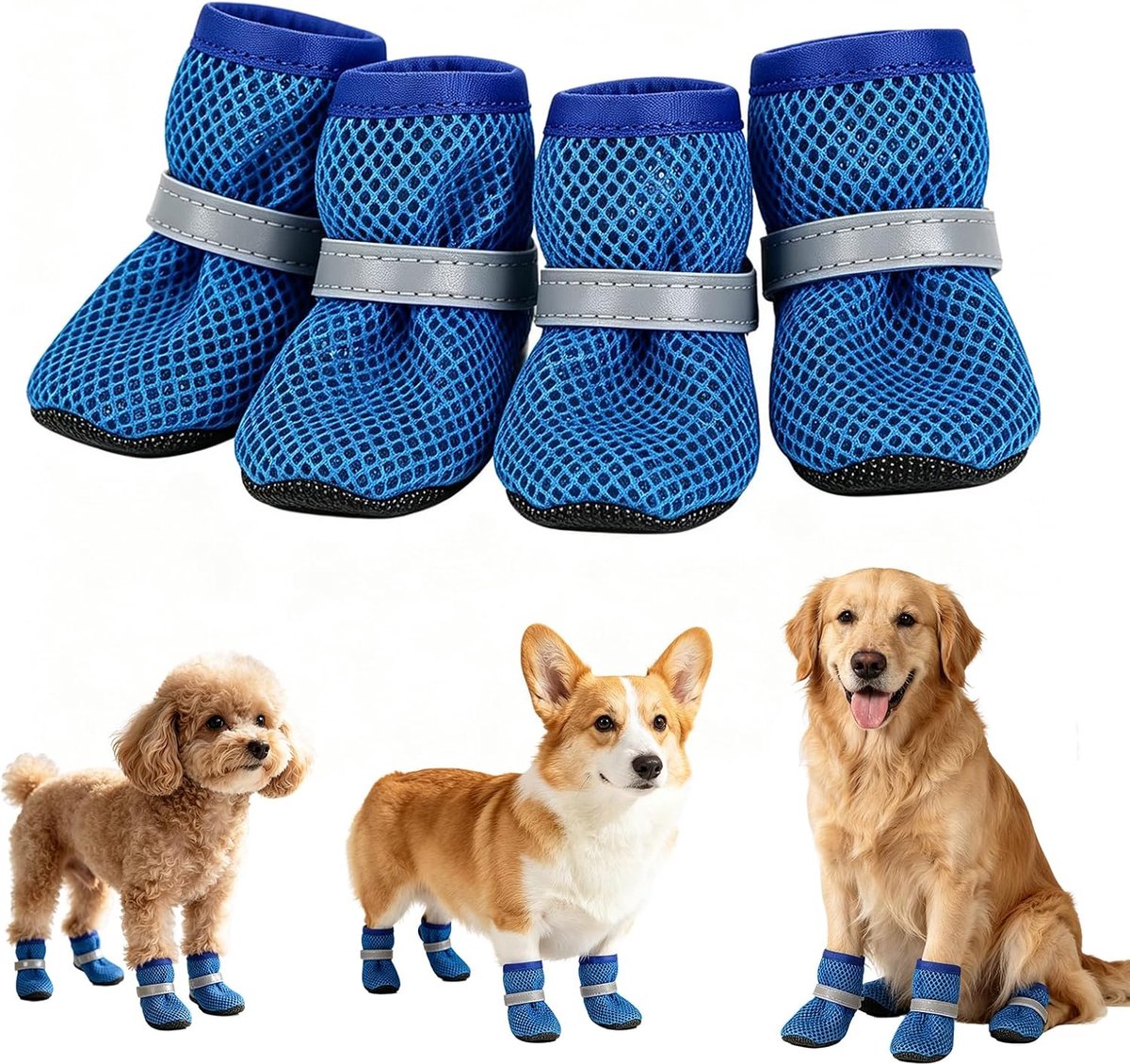 Schoenen van mesh voor de zomer, ademende antislip hondenschoenen met reflecterende strepen, licht en comfortabel voor warme zomervloeren (blauw, M)